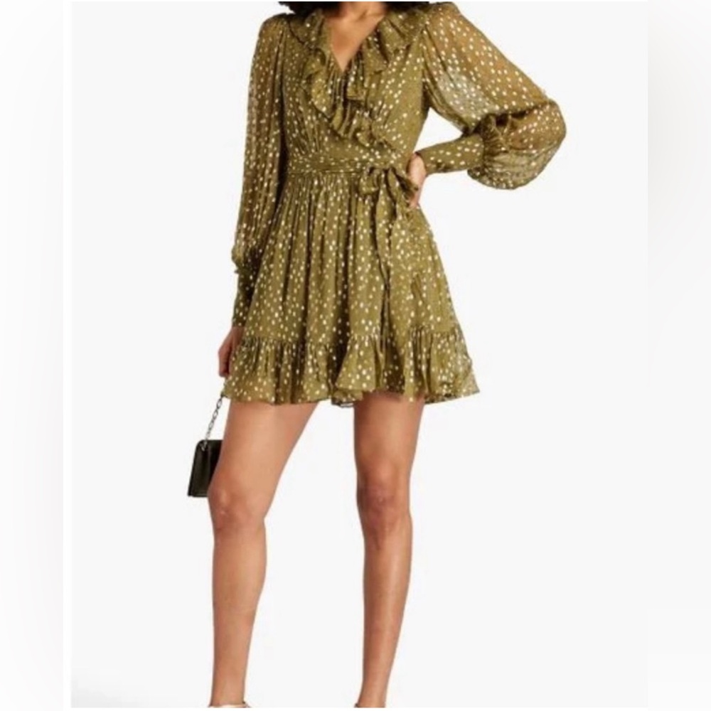 Zimmerman Khaki Green Gold Metallic Ruffle Wrap Dress